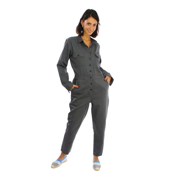 NEW!! OUTERKNOWN SIZE S Gray Mechanic Jumpsuit Ankle Pants Romper Long Sleeves - Picture 1 of 14